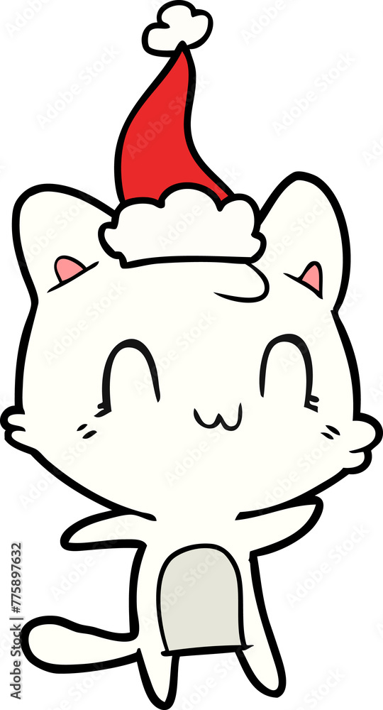 hand drawn line drawing of a happy cat wearing santa hat hand drawn line drawing of a happy cat wearing santa hat