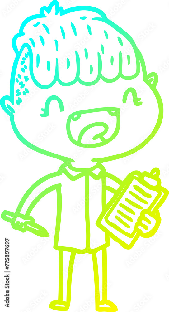 cold gradient line drawing of a cartoon happy boy with clip board laughing cold gradient line drawing of a cartoon happy boy with clip board laughing