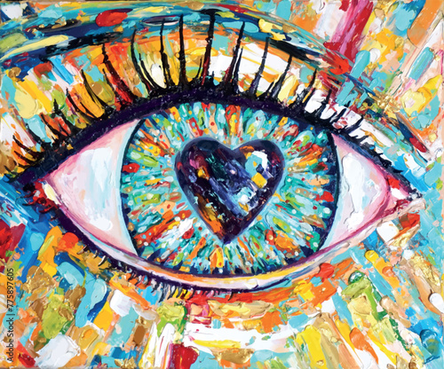 Oil painting of an eye with a pupil in the heart. Loving look vector illustration.