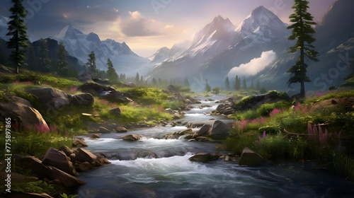 Beautiful panoramic landscape with mountain river and snow-capped peaks