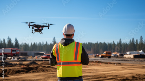 Supervisor operates drone at construction site photo realistic image. Male inspector in safety helmet and vest photography wallpaper. Worksite picture scene. Technology at work concept