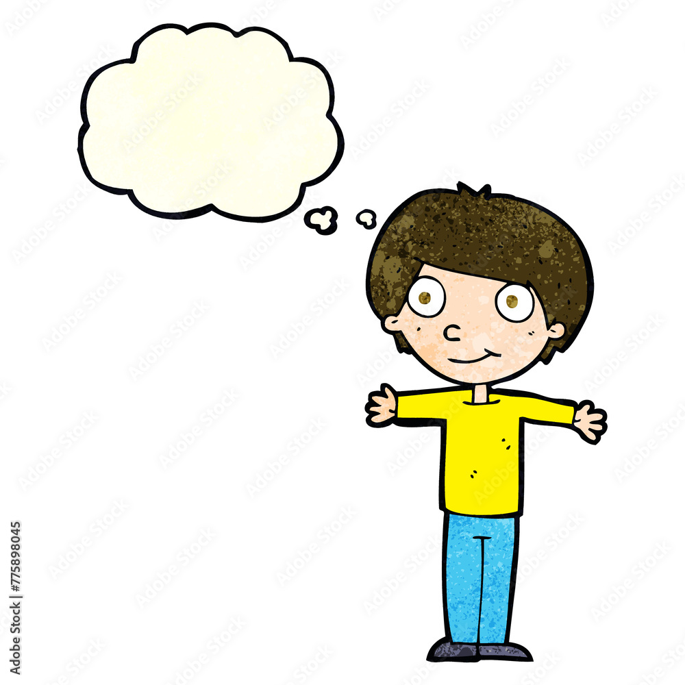 cartoon happy boy with open arms with thought bubble cartoon happy boy with open arms with thought bubble