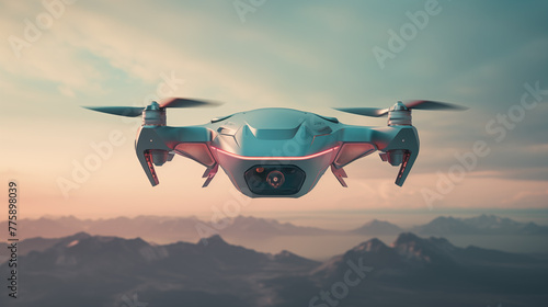 Sleek futuristic drone flies at dusk closeup image. Quadcopter close up photography marketing. Technology concept photo realistic. Tranquil mountainous horizon picture photorealistic