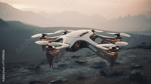 White drone hovers in misty mountainous area closeup image. High-tech quadcopter close up photography marketing. Technology concept photo realistic. Future innovation nature picture photo