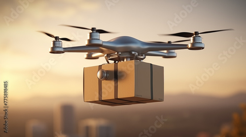 Sunset glow envelops delivery drone carrying package closeup image. UAV close up photography marketing. Technology concept photo realistic. Automated shipping picture photorealistic