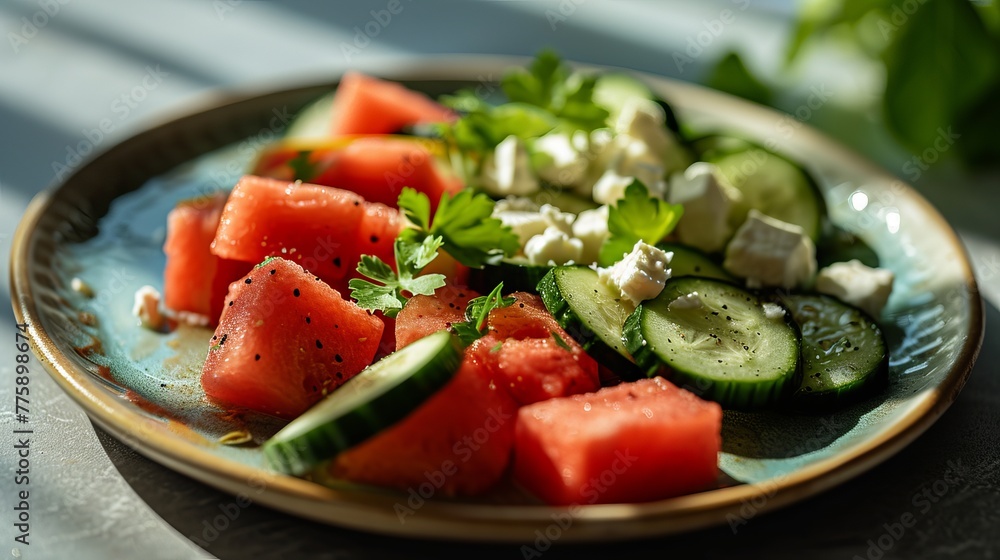 Vibrant Watermelon Salad with Cucumber, Feta Cheese, and Mint on a Rustic Plate