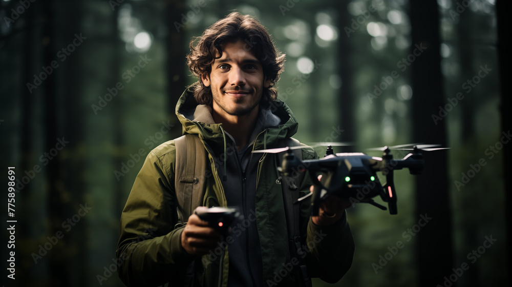 Male hiker launching drone in woods portrait image. UAV piloting photography. Forest backdrop. Backpack tourist man closeup picture photorealistic. Technology concept photo realistic