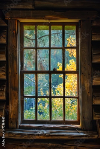 A view of trees through a log cabin window. Perfect for nature-themed designs