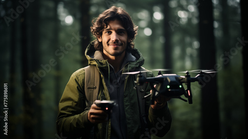 Male hiker launching drone in woods portrait image. UAV piloting photography. Forest backdrop. Backpack tourist man closeup picture photorealistic. Technology concept photo realistic