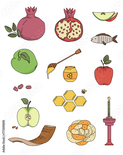 Set of elements of the symbol of Rosh Hashanah. Shofar, apples, honey and other elements. Doodle style illustrations.	