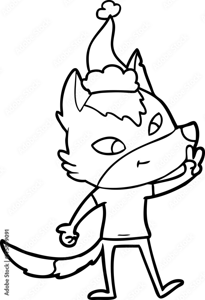 friendly hand drawn line drawing of a wolf giving peace sign wearing santa hat friendly hand drawn line drawing of a wolf giving peace sign wearing santa hat