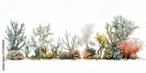 Various colored corals displayed on a white background, suitable for marine themes