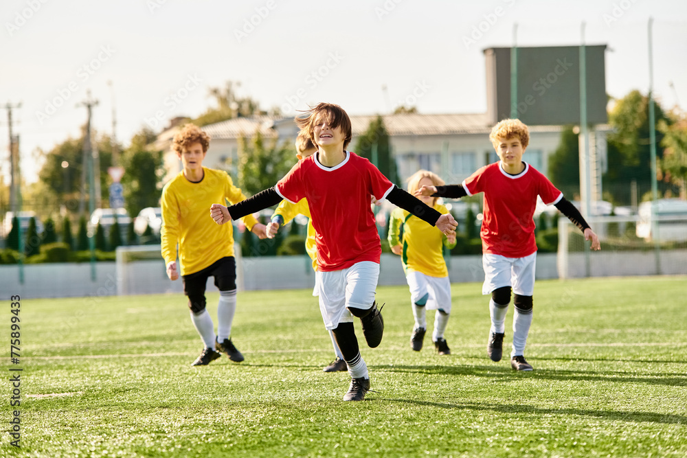 The boys are running, kicking, and passing the ball with enthusiasm, showcasing their skills and teamwork. The boys are running, kicking, and passing the ball with enthusiasm, showcasing their skills and teamwork.