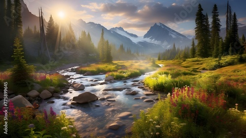 Panoramic view of mountain river and forest at sunset. Rocky Mountain National Park  Colorado  USA.