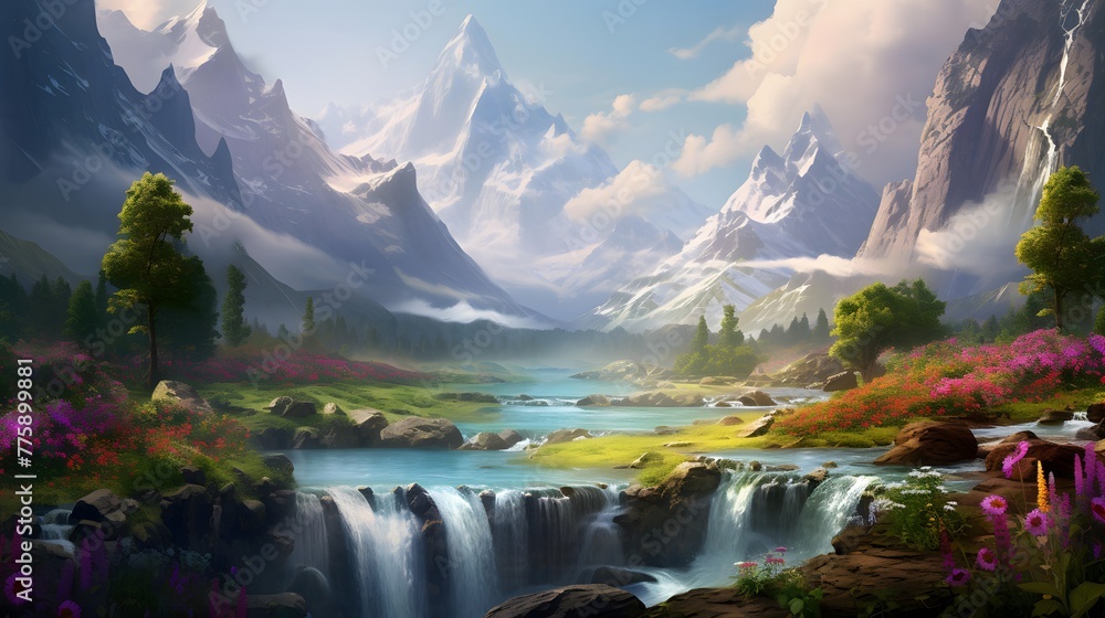 Digital painting of a mountain landscape with a waterfall in the foreground.