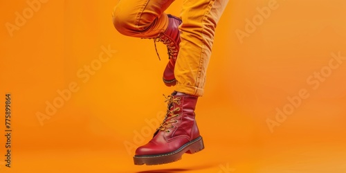 A person wearing yellow pants and red boots. Suitable for fashion or outdoor activities © Fotograf