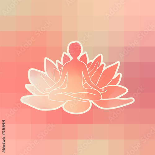 Serenity and peace diving into yoga practice. A woman in lotus pose, framed by pastel abstract tones and pixelated backdrop, invites balance and tranquility. Vector for clean designs and prints.