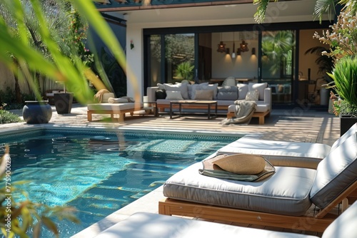 Outdoor pool area of a modern home with luxury poolside furniture 
