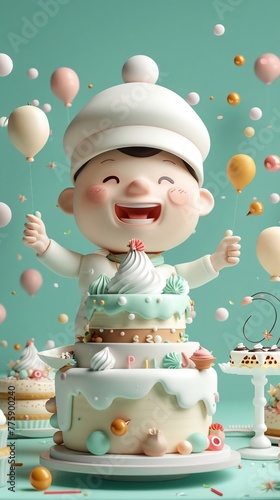Cheerful Cartoon Chef Decorating a Cake