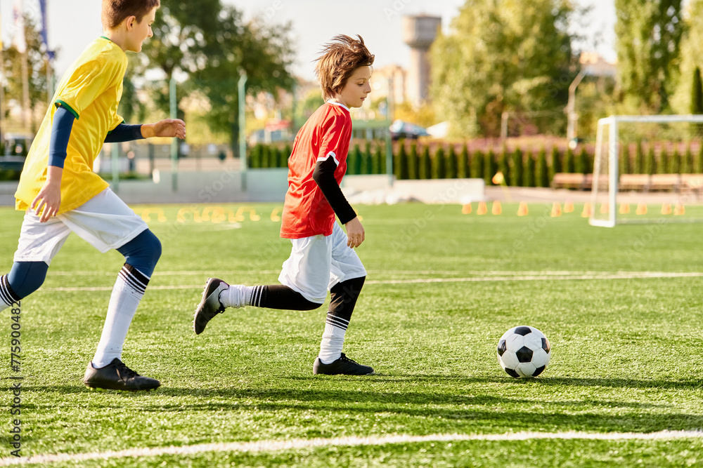 Obraz premium Two young children, wearing colorful soccer jerseys, enthusiastically playing soccer on a green field. 
