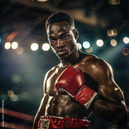 A man wearing a red boxing glove in the ring. Suitable for sports and fitness concepts © Fotograf