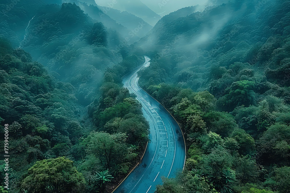 Aerial view of a winding asphalt road in an evergreen tropical forest. A winding path amidst evergreen allure, an invitation to discover paradise.