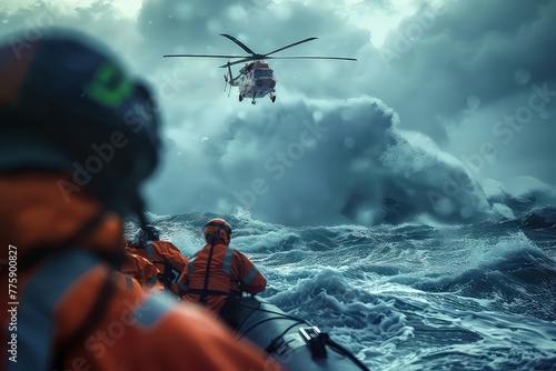 Water rescue operation. A rescue helicopter flies up to a boat with people during a storm. Battling nature's fury, the helicopter hovers above, ready to pluck the stranded from the tempestuous sea. photo