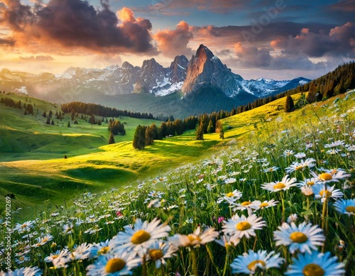 Beautiful spring landscape with meadow flowers and daisies in the grass. Natural summer pano photo