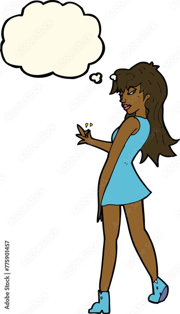 cartoon woman posing in dress with thought bubble cartoon woman posing in dress with thought bubble