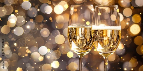 Champagne glasses clinking, close-up, bokeh lights background, frame