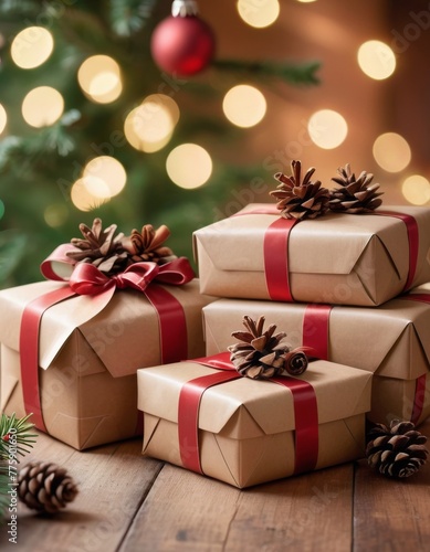 Warmly lit scene of stacked Christmas presents wrapped in brown paper and adorned with red ribbons, pine cones, and festive decorations © video rost