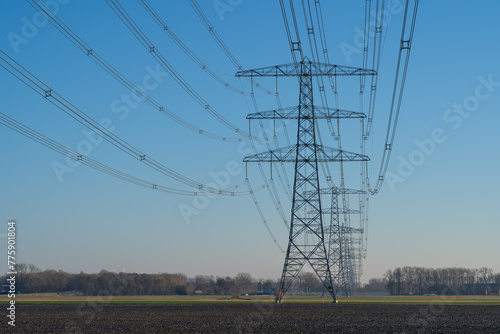 A row off electrical towers in the Dutch countryside. © sanderstock