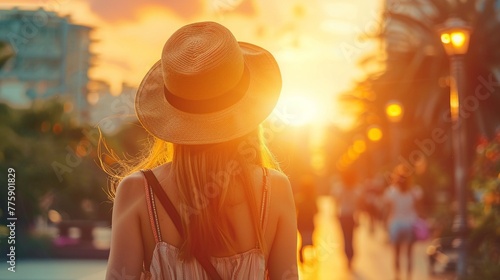 Solo Traveler: Woman Walking Along Sunset Cityscape