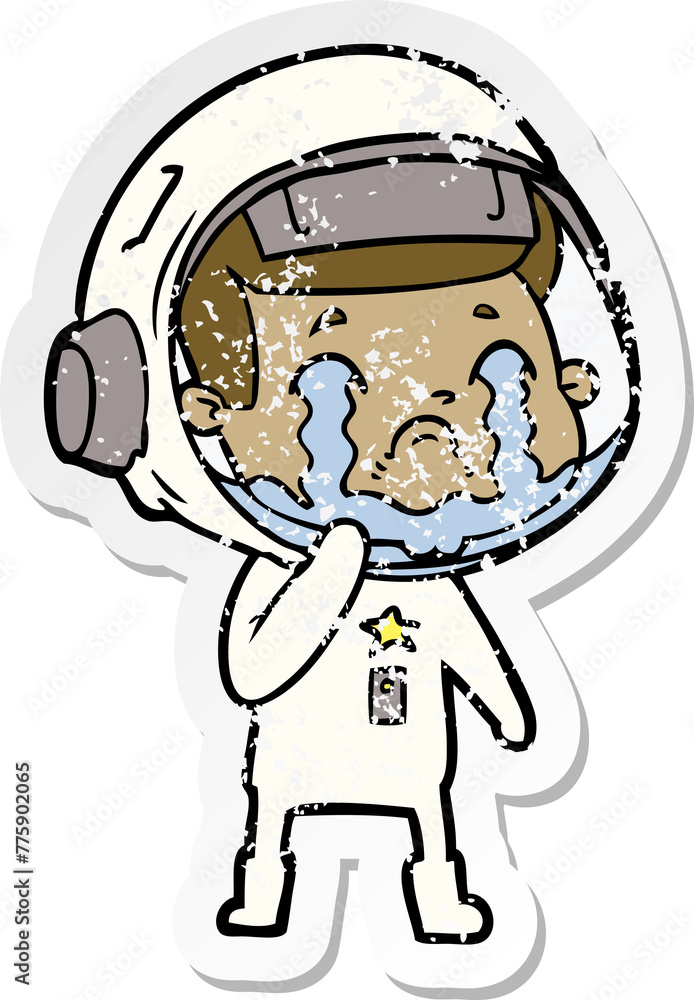 distressed sticker of a cartoon crying astronaut