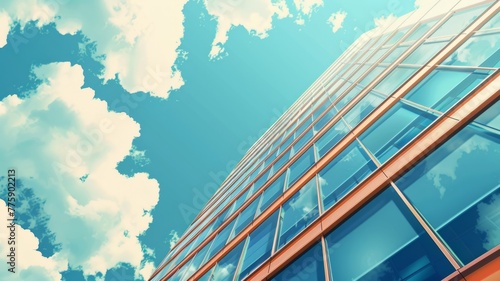 Upward view of a glass skyscraper with blue sky - This image showcases the towering presence of a glass skyscraper extending into a vast blue sky with fluffy clouds above