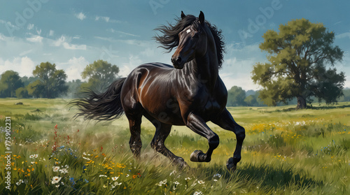 Beautiful horse gallops on the meadow. A style similar to impressionist painting. Generative AI