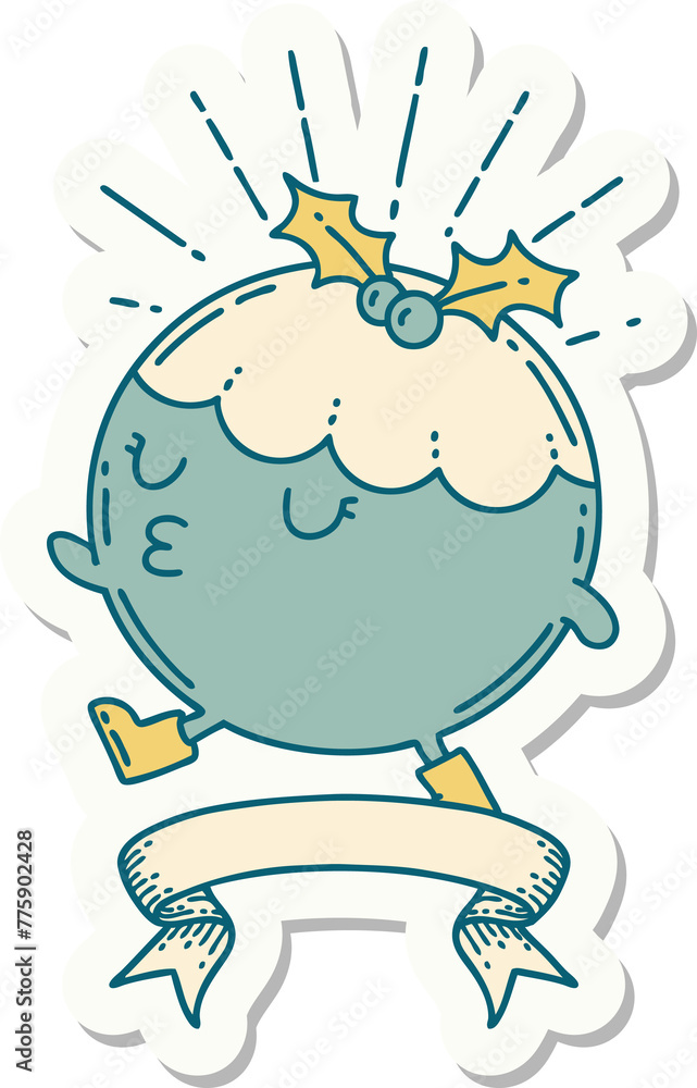 sticker of a tattoo style christmas pudding character walking sticker of a tattoo style christmas pudding character walking