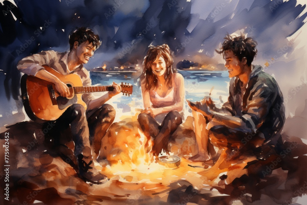 A painting depicting three individuals gathered around a campfire on a beach. The figures are engaged in conversation, with the fire crackling in the center of the scene
