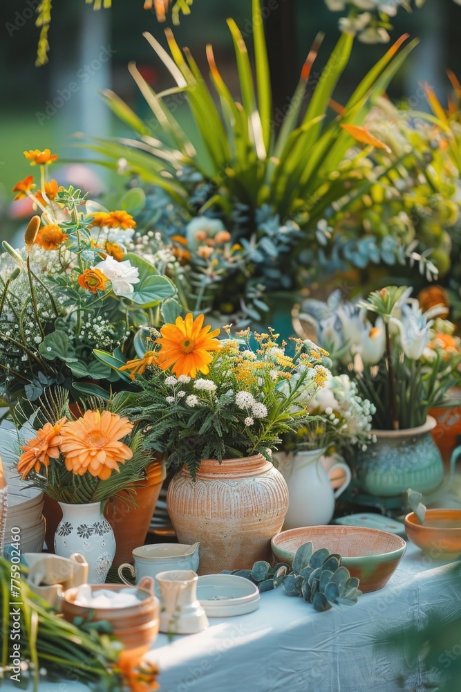 A variety of flowers in pots on a table. Great for gardening or home decor concepts