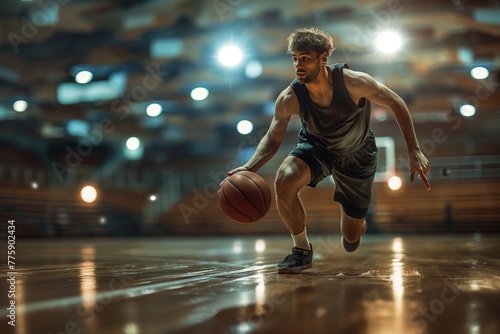 A focused basketball player dribbling with determination on an indoor court, surrounded by bright lights.