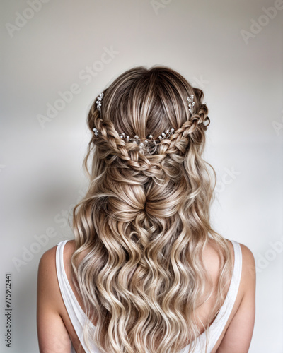 wedding hair, braided blonde hair, white background, isolated image, flower decorated hair, Back view of blonde hair 