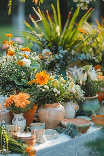 A variety of flowers in pots on a table. Great for gardening or home decor concepts © Fotograf