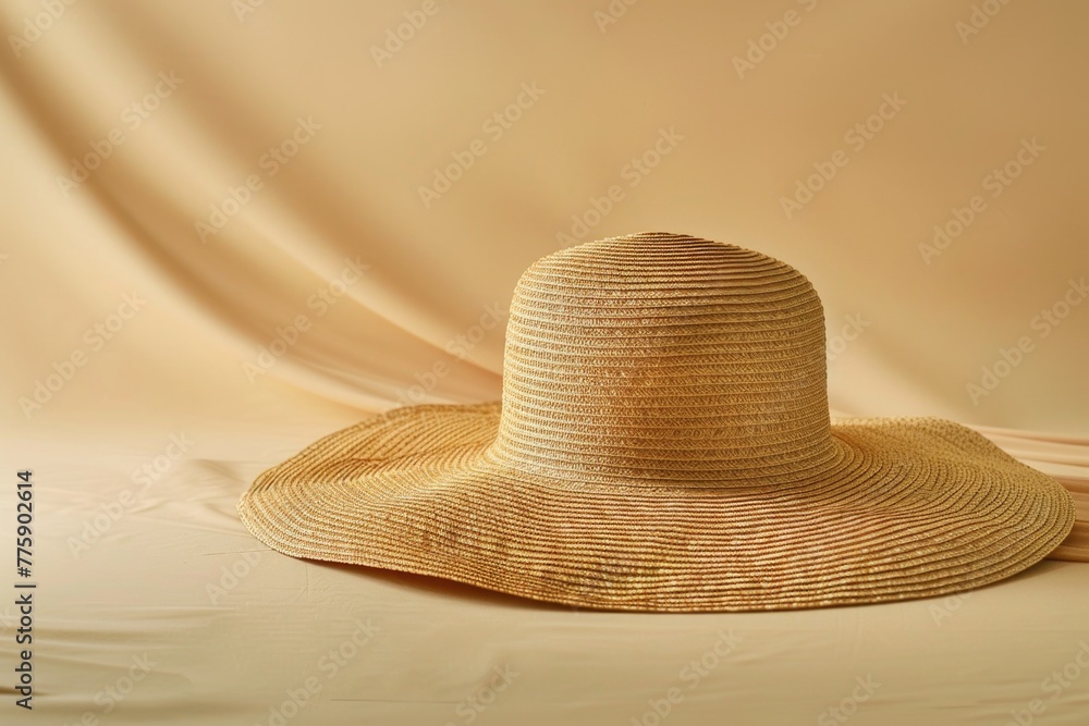 A large straw hat placed on top of a bed. Suitable for fashion or summer themed designs A large straw hat placed on top of a bed. Suitable for fashion or summer themed designs