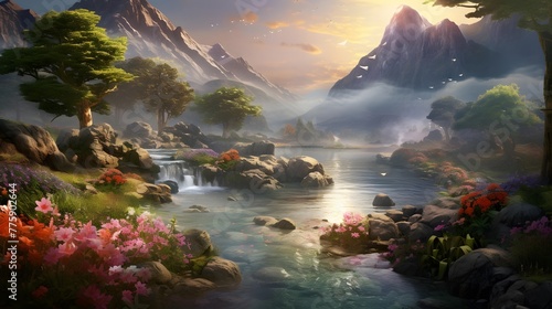 Beautiful panoramic view of a mountain lake with pink flowers © Iman