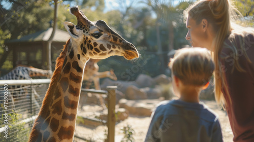 A child and adult interacting with a giraffe at the zoo, an encounter that shows curiosity and learning © road to millionaire