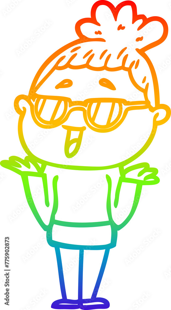 rainbow gradient line drawing of a cartoon happy woman wearing spectacles rainbow gradient line drawing of a cartoon happy woman wearing spectacles