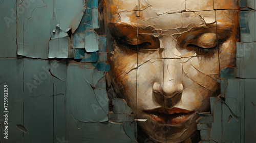 Oil painting. Portrait of a woman walking through a wall. Close-up, female face in the wall