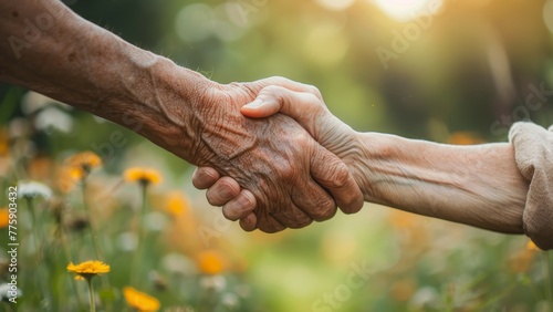 Two elderly people shaking hands in a field of yellow flowers. Concept of warmth and connection between the two individuals