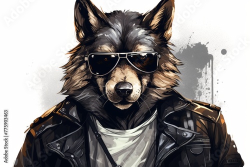 A wolf exuding coolness, wearing aviator sunglasses and a leather jacket, showcasing a unique and stylish appearance