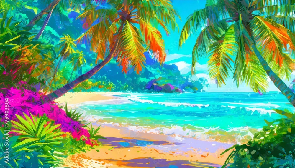 A vibrant summer vacation background wallpaper featuring palm trees, sandy beaches, and azure waters, evoking the allure of a tropical getaway